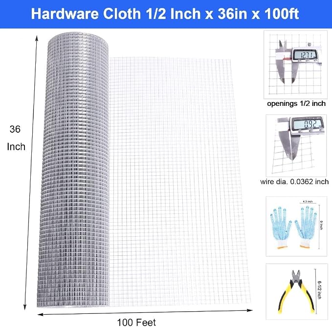 Hardware Cloth 1/2in 36 x 100 ft Hot Dip Galvanized Rust Resistant Welded Wire Mesh,19AWG Square Chicken Wire Fence Garden Plants Fencing,Chicken Coop Rabbit Poultry Critters Metal Cage Roll