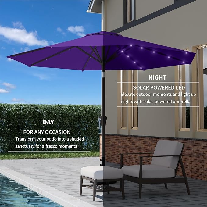 9FT Patio Umbrella with Solar Lights,Outdoor Market Umbrella with Tilt and Crank, LED Lighted Table Umbrella for Garden,Deck,Backyard,Pool,Beach