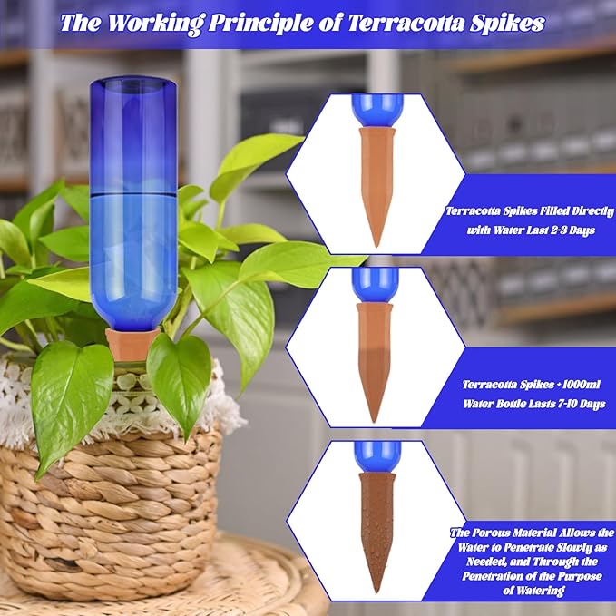 TINSKY 6 Sets Plant Watering Devices Terracotta Self Watering Spikes and 26 Oz Plastic Blue Bottles Slow Release Vacation Plant Waterer Automatic Planter Insert for Indoor Outdoor Plants