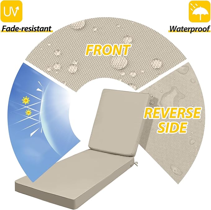 AAAAAcessories Outdoor Chaise Lounge Cushions, Fade-Resistant, Waterproof Patio Furniture Replacement Cushions, 72" x 21" x 3", Beige