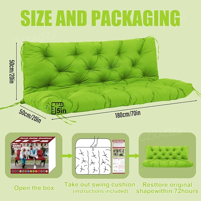 Premium Outdoor Swing Cushions 70x40 inch Waterproof Porch Swing Cushions 2-3 Seater Replacement with Backrest and Ties Swing Cushion for Outdoor Furniture Patio Porch Backyard Garden (Green)
