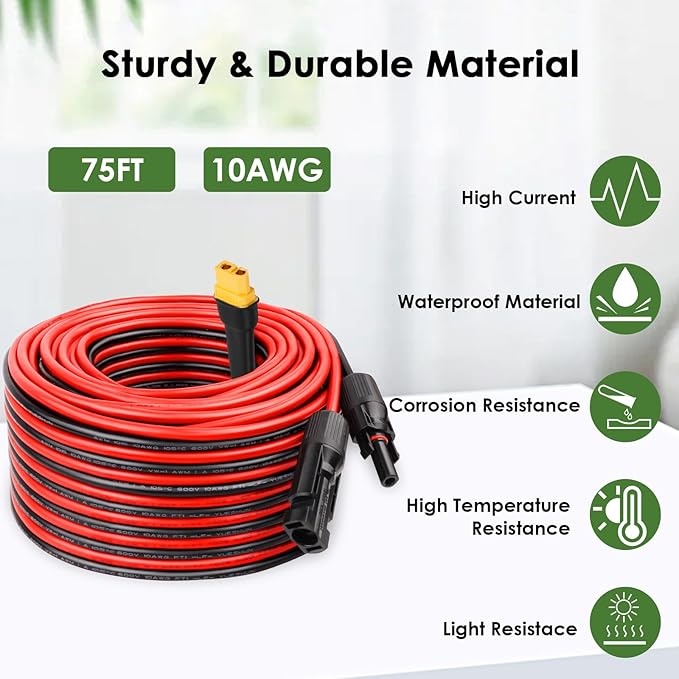 MOOKEERF Solar to XT60 Extension Cable 10AWG 75FT Solar Connector to XT60-F Adapter Cable