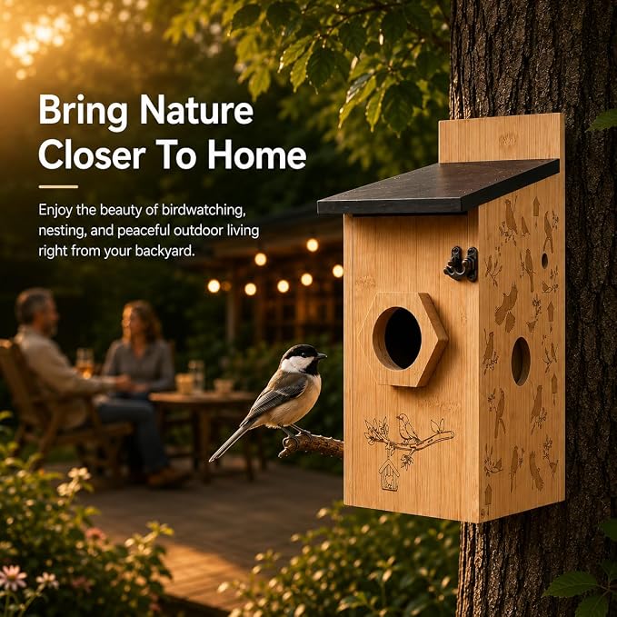 Smart Bird House with Camera, Wooden Birdhouse for Outdoor Bird Watching, App Live View, Color Night Vision, Motion Detection, 2-Way Audio, Waterproof Backyard Bird Nesting Box