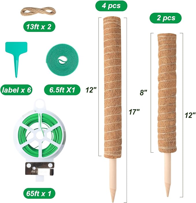 6 Pack Moss Poles for Monstera Plant Support (4x17in + 2x12in, 92in Total) – Stackable Moss Pole for Plants,Ideal Plant Stakes for Indoor Plants, Pothos, and Philodendron Support，with Garden Ties