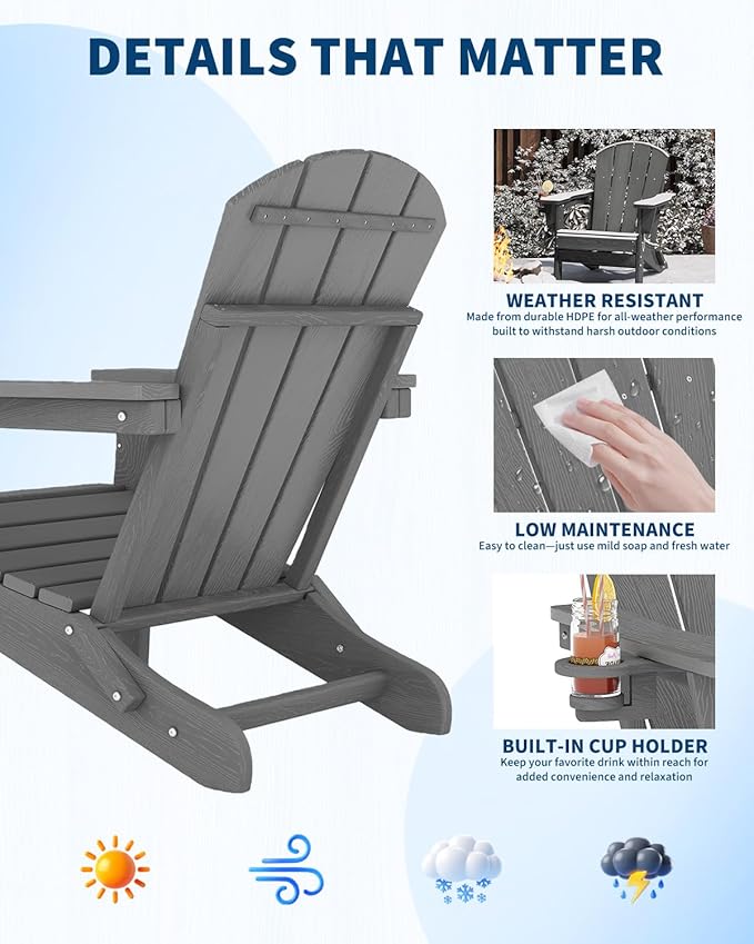 GarveeLife Folding Adirondack Chair Set of 6, All-Weather HDPE Outdoor Chair, Wooden Textured with Cup Holder for patios, Decks, Gardens, fire pits, Grey