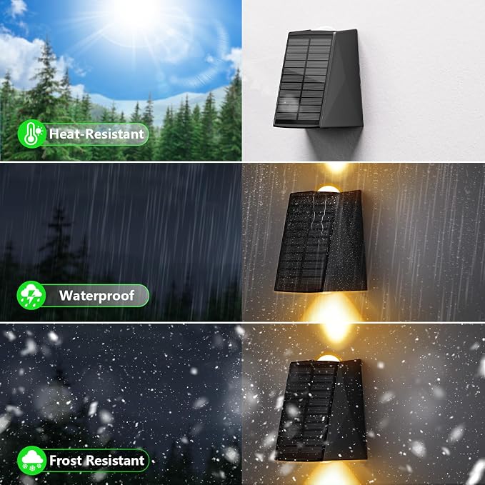 6 Pack Solar Wall Lights Outdoor Waterproof Up and Down 2 LED Fence Sconce for House, Patio, Porch, Yard, Garden, Garage and Pool for Security and Decorative Lighting, Wall Mounted Install(Warm White)