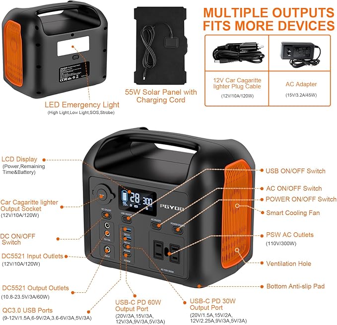 PGYOB Portable Power Station with 55W Solar Panel, 299Wh LiFePO4 Backup Battery 300W Pure Sine Wave AC (600W Peak) Car Outlets PD 60W QC3.0 Solar Generator Power Bank for Camping, Emergency, CPAP
