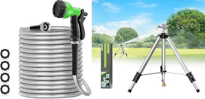 SPECILITE Brass Impact Sprinkler on Tripod Base & 75ft 304 Stainless Steel Garden Hose