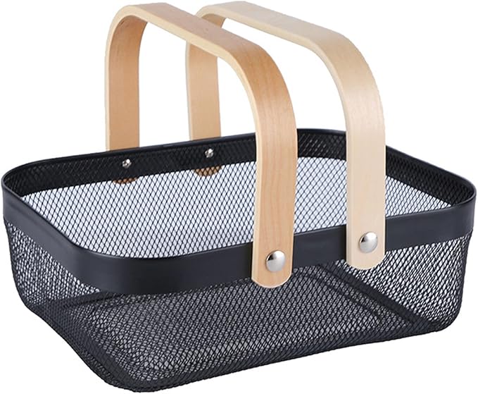 AJIODA Metal Mesh Steel Basket, Storage Organizer Basket Garden Harvest Basket Multi-functional Kitchen Fruit Baskets Bin with Wooden Handle for Bathroom Picnic Shopping Decor Cabinet Home, Black