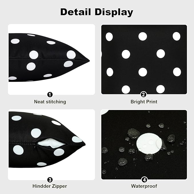 SquarePie Pack of 2 Outdoor Pillow Covers Waterproof Decorative Throw Pillowcase Black White Garden Cushion Cover Cases for Spring Patio Couch Balcony Bench,20x20 inch Black Polka Dot