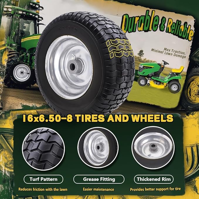 16x6.50-8 Tire and Wheel Assembly (2 Pack),Flat Free Lawn Mower Tires with Rim, Solid Rubber Riding Lawn Mower Tires and Wheels,3" Offset Hub,3/4" Bushings,16x6.5-8 Tractor Turf Tire(Gray)