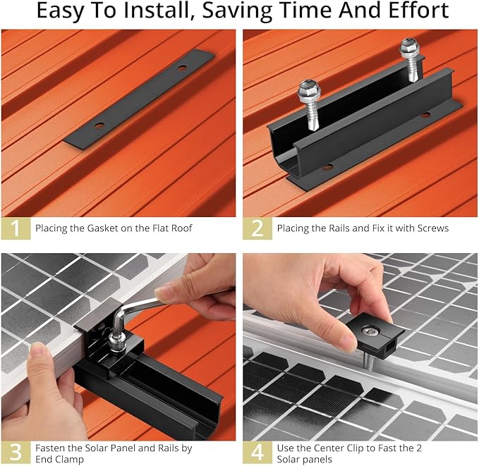 Anbte Solar Panel Mounting Brackets, Included 10 x 4.72 in Rails + 4 end Clamps + 6 Center Clamps + 1 Wrench, Aluminum Solar Mounting Kit for 4 Panels, Waterproof, for Roof, RV, Boat, Black