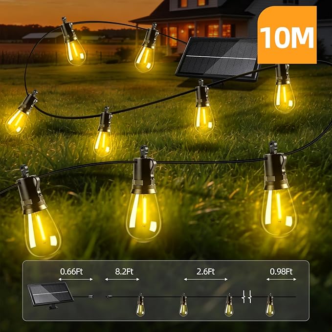 Solar Lights Outdoor Patio Lights: S14 10M 33FT Solar Powered Remote Control 3 Light Modes Dimmable Solar Waterproof Light - Shatterproof Bulbs - Camping Backyard Garden Deck Outside Yard