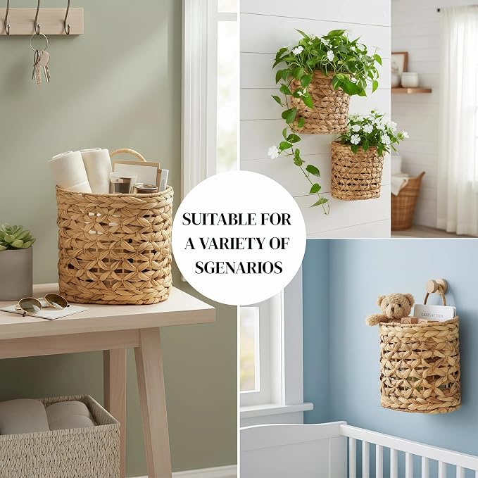 Set of 2 Wicker Wall Hanging Basket, Natural Water Hyacinth Hanging Wicker Decorative Basket, Handmade Woven Storage Organizer for Front Door Mail Flowers Garden House Wedding Wall Decorations
