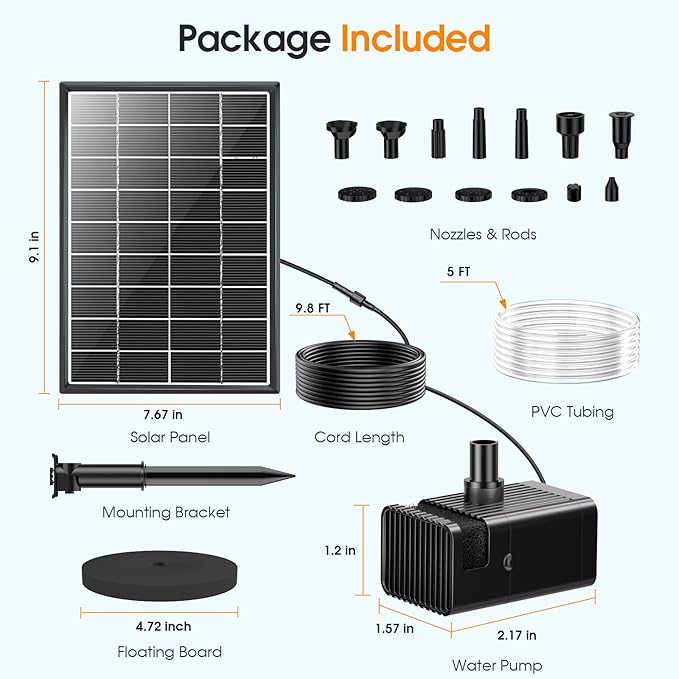 Antfraer Solar Fountain Pump 7W, Solar Water fountain for Bird Bath with Dry-Run Protection, Double-Layer Nozzles & 5Ft PVC Tubing for Bird Bath Small Pond Waterfall DIY Features
