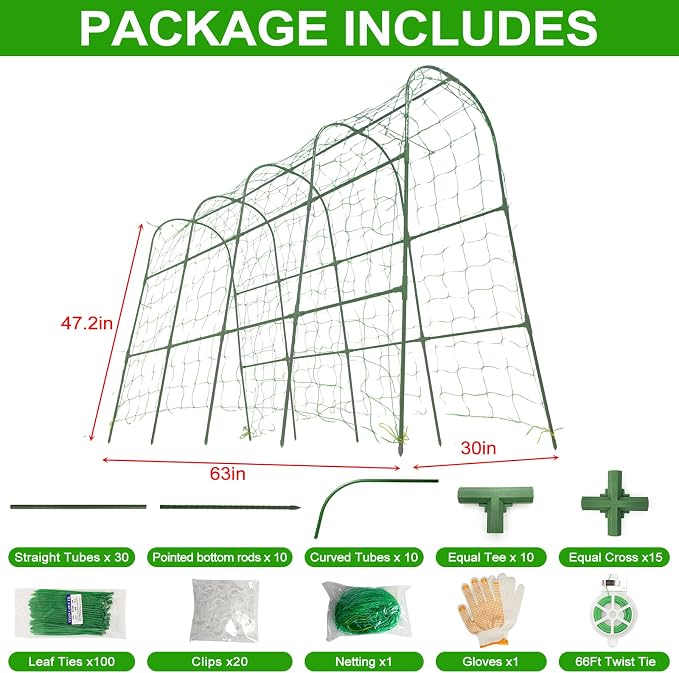Cucumber Trellis for Raised Beds & Gardens - Sturdy Arch Trellis for Climbing Plants, Tomatoes, Peas & & Beans | Outdoor Vegetable Support for Vines (63" Lx30 W x47.2 H)