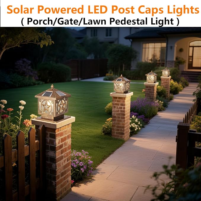Solar Post Cap Light Modern Outdoor Fence Deck Column Cap Lamp Fence Deck Pillar Lantern Outside Housing Patio Landscape Lighting Flat Surface Posts Garden Decor IP65 Waterproof Entrance Pathway Lamps