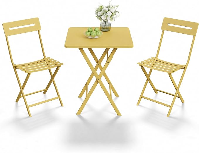 GarveeTech 3-Piece Folding Bistro Set, Heavy Duty Outdoor Patio Furniture with 2 Chairs & 1 Table, Weather-Resistant Steel Frame, No Assembly Required for Garden, Yard, Balcony,Yellow