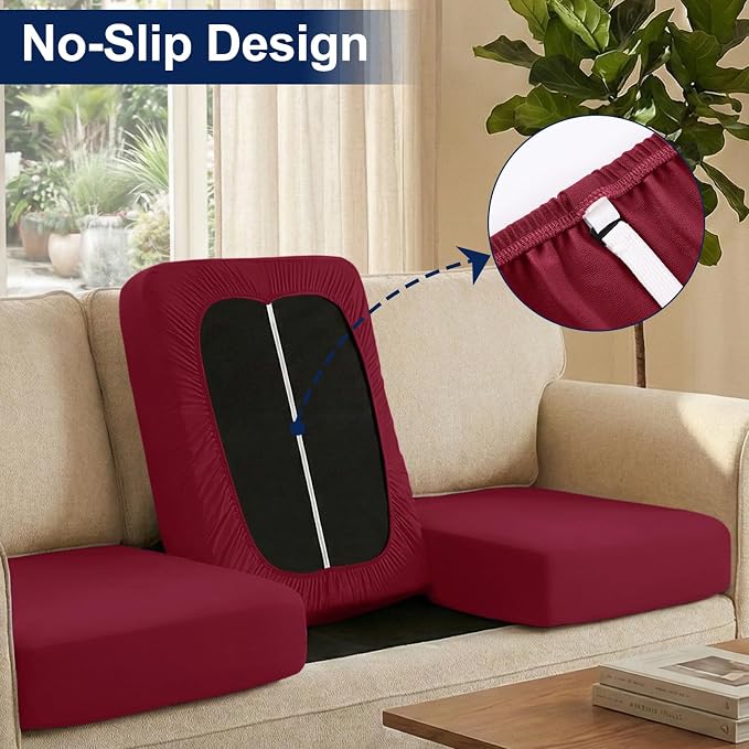 Smiry Waterproof Patio Cushion Covers, Stretch Outdoor Couch Slipcovers Replacement Washable Furniture Protector Sofa Chair Seat Cover for Dogs and Pets (4 Pcs, Wine Red)