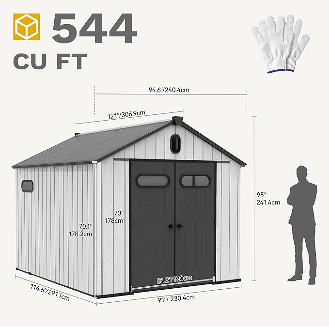 DWVO 8x10 FT Outdoor Storage Shed, 544 cuft Large Plastic Storage Shed with Floor & Lockable Door, Outside Tool Garden Shed with Windows & Vents for Patio Furniture/Lawn Mower, Black&Gray