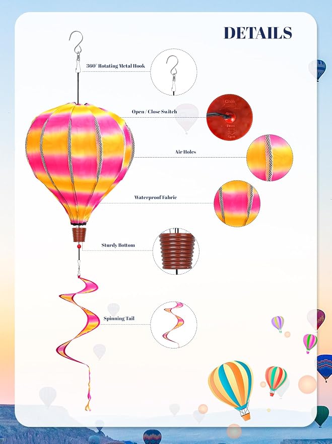 2PCS Giant Rainbow Hot Air Balloon Wind Spinners 14" W x 59" H Large Multicolor Whirligig Wind Spinner Hanging Ornaments for Yard Garden Lawn Outdoor Decorations(Pink&Green)