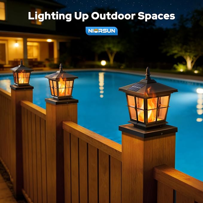 NIORSUN Solar Post Lights Outdoor, Fence Post Solar Lights with Flickering Flame Light, Waterproof, Garden Patio Fence Deck Decor, 4x4 Posts Caps, 4x4, 5x5 Wooden & Vinyl (4 Pack, Black)