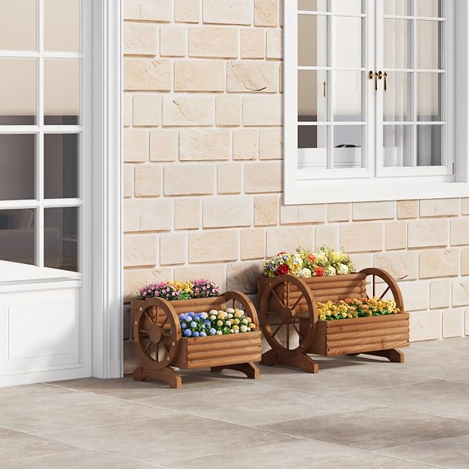 Wooden Wagon Planter with Wheels, Brown, Large | Flower Pots Outdoor Flower Cart, For Patio Balcony Decoration, Succulent Flower Pot, Indoor Backyard Yard Decor