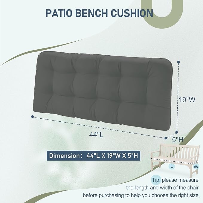 downluxe Outdoor Bench Cushion for Patio Furniture, Water Resistant Tufted Overstuffed Porch Swing Cushions, Thick Outdoor Loveseat Cushions, 44" X 19" X 5", Dark Grey, Set of 1