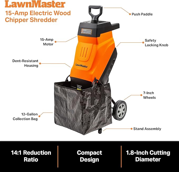 LawnMaster FD1503 Electric Wood Chipper Shredder 15-Amp 1.8-Inch Cutting Diameter Max 14:1 Reduction