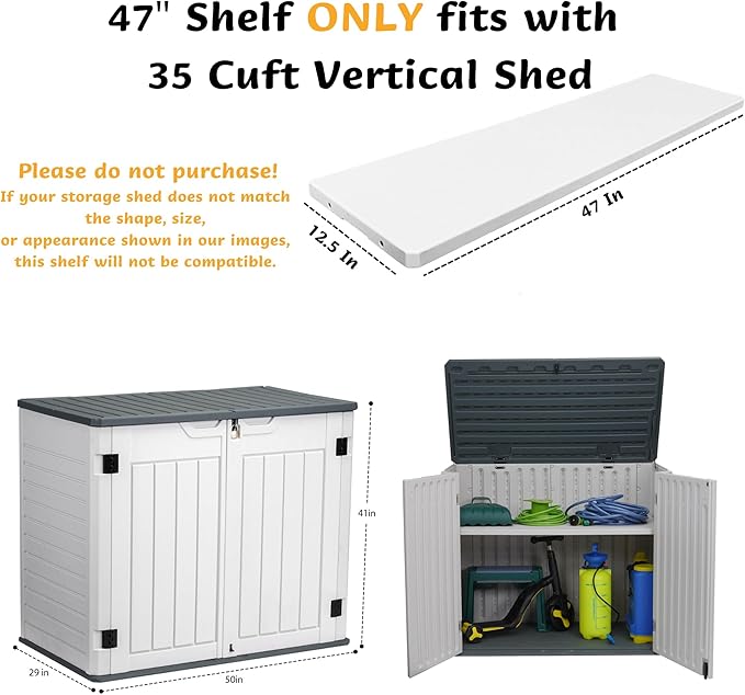 EHHLY 35 Cuft Outdoor Storage Shed Shelf(2 Shelves ONLY, No Cabinet), Outdoor Storage Cabinet Shelves for 4x2.5 Ft Shed, Horizontal Resin Storage Shed Accessories, Dark Grey