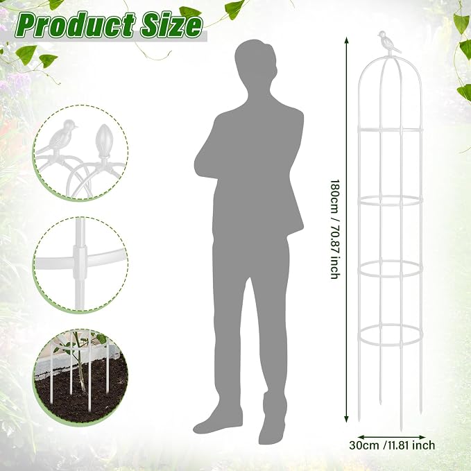 Sadnyy 4 Pack 6 ft Garden Obelisk Trellis for Climbing Plants Outdoor- Heavy Duty Rustproof Metal Pipe with Plastic Coated Plant Trellis for Clematis Grape Pea Vines Tomatoes Cucumbers Flowers(White)