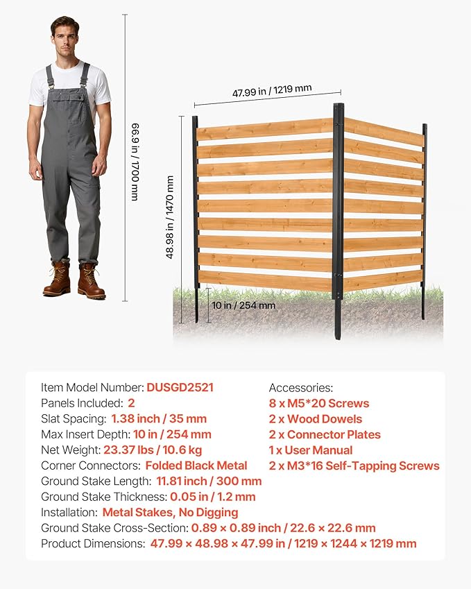 VEVOR Wooden Privacy Fence, 48 x 49 inch Air Conditioner Fence, 2 Panel Solid Outdoor Wood Privacy Screen with Metal Stakes, Steel Frame, Trash Can Hider Fences Suitable for Garden, Pool