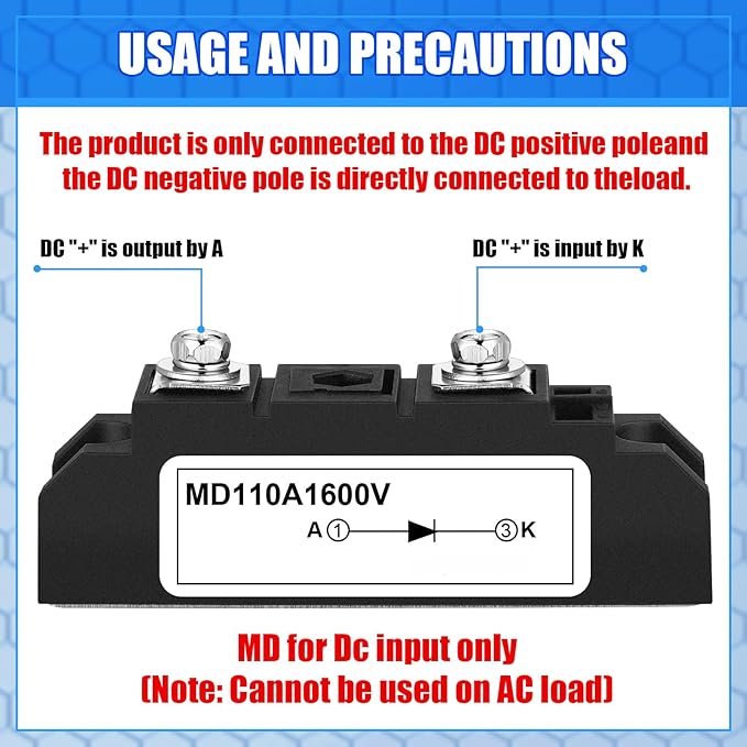 Yexiya 1 Pcs Md 110a (100a)-16 Solar Diode, Anti Reverse One Way Diode Use Voltage Range: Ac - 400vac; Dc 3-1000v; Applied in Photovoltaics, Solar Energy Panels 12v 24v 48v