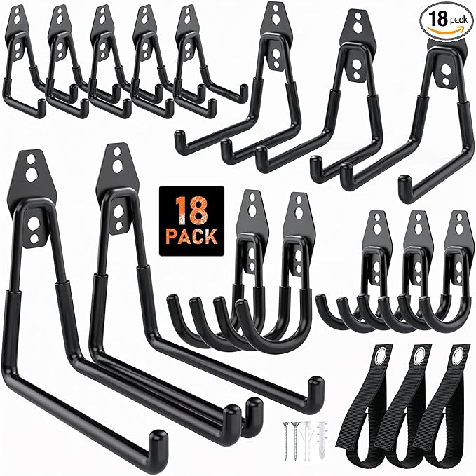 Housolution Steel Garage Hooks - 18Pack Anti-Slip Coating, Heavy Duty Wall Mount Hooks for Bikes, Garden Tools, Ladders, Hose, Bulk Items Ropes, Garage Tool Organizer with Extension Cord Wrap, Black