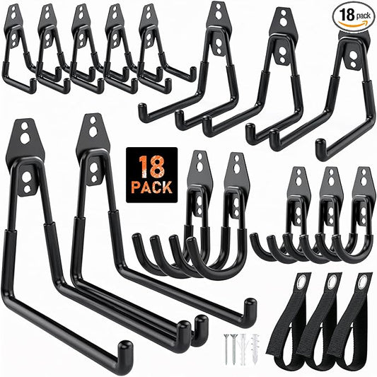 Housolution Steel Garage Hooks - 18Pack Anti-Slip Coating, Heavy Duty Wall Mount Hooks for Bikes, Garden Tools, Ladders, Hose, Bulk Items Ropes, Garage Tool Organizer with Extension Cord Wrap, Black