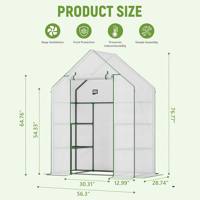 Greenhouse for Outdoors, Portable Green House, Walk in Greenhouses with Durable PE Cover, 57 x 29 x 76 inch Greenhouse with Shelves Stands,White