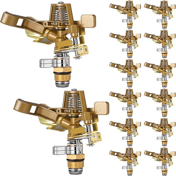 Ferraycle 14 Pieces 1/2 Inch Brass Impact Sprinkler Head with Nozzles Heavy Duty Adjustable 0-360 Degrees Impulse Sprinkler Head Lawn Watering for Yard Irrigation