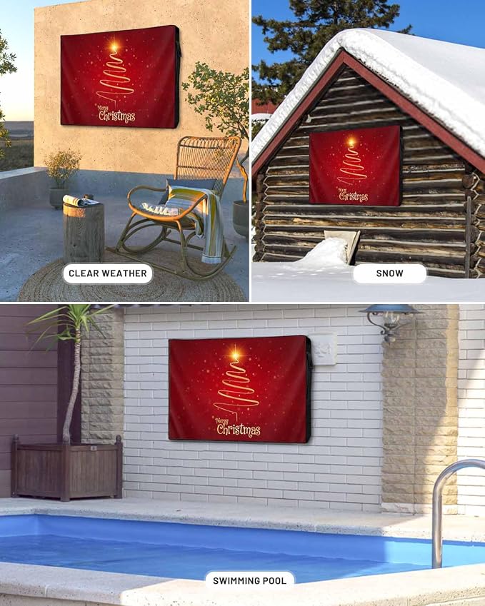 Outdoor TV Cover for Outside Flat Screen,Gold Stripe Merry Christmas Text,600D Thick Waterproof Weatherproof Outdoor TV Screen Protector with Zipper for 30 to 32 Inch Flat Screens