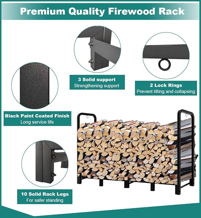 8Ft Firewood Rack Adjustable Fireplace Wood Holder for Outdoor Indoor Storage Log-Heavy Duty Fire Log Lumber Stand Stacker, Black