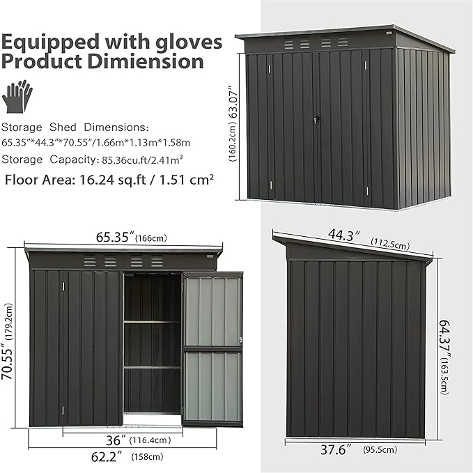 Christopher Knight Home Avonn Backyard Storage Shed with Sloping Roof Galvanized Steel Frame Outdoor Garden Shed Metal Utility Tool Storage Room with Latches and Lockable Door for Balcony, Dark Gray