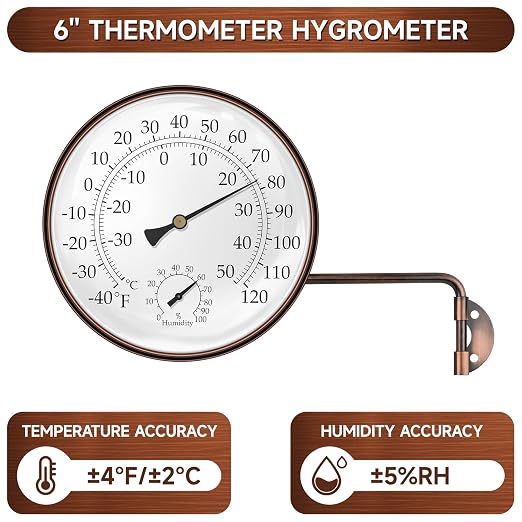 6 Inch Analog Outdoor Thermometer Hygrometer, Solid Copper Weatherproof Large Dial with Swivel Mount, No Battery Mechanical Gauge for Patio Garden Greenhouse Garage Wall