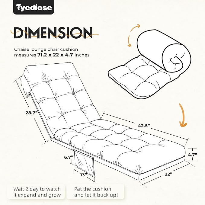 Outdoor Lounge Chair Cushion, Waterproof Replacement Chaise Lounge Cushions for Outdoor Furniture Thickened 71 x 22 x 4.7 Inches Non-Slip Patio Pool Lounge Chair Cushions with Ties (Black)