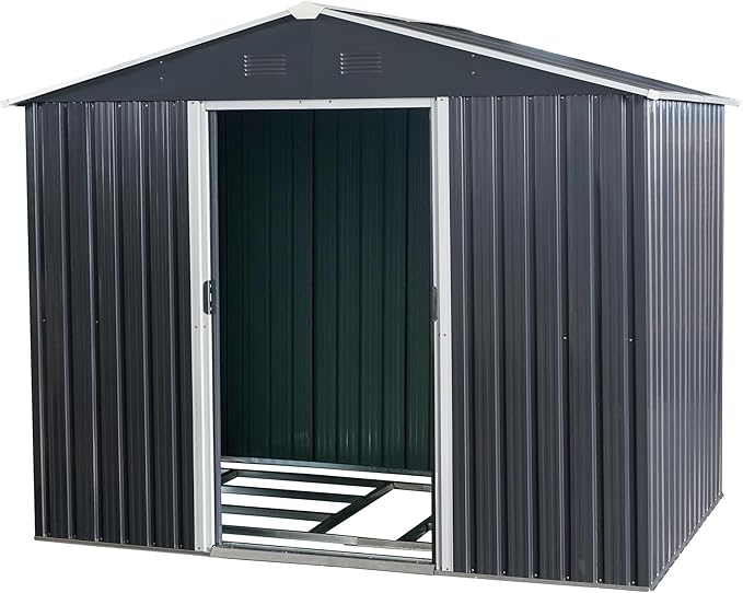 8FT x 6FT Outdoor Metal Storage Shed, Galvanized Steel Garden Shed with Lockable Sliding Door, Ventilated Tool Storage House with Foundation Kit, UV Resistant Backyard Shed for Patio Storage, Black