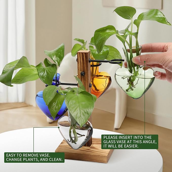 Plant Terrarium Propagation Stations with Wooden Stand | Glass Vase for Indoor Hydroponics Home Garden Office Decoration Gift for Women - 4 Love Bulb Vase