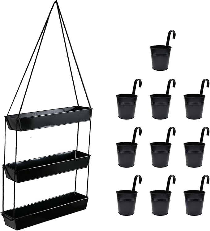 LaLaGreen Bundle- 1 Pack, 3-Tier Hanging Metal Planter + 10 Pack, 4 Inch Black Metal Pot Wall Mounted Modern Indoor Flower Herb Plant Holder Rail Deck Fence Balcony Outdoor Box Garden Home Patio Decor