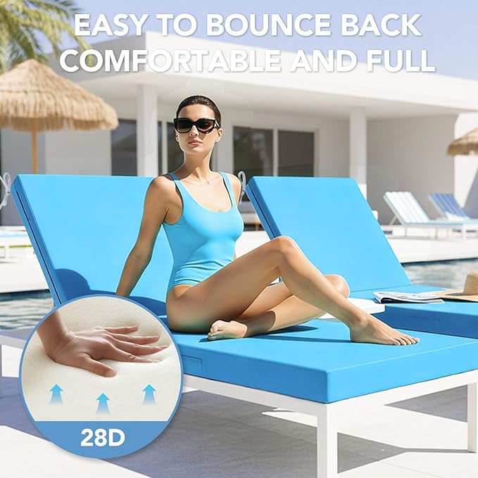 L'AGRATY Outdoor Lounge Chaise Cushion: 72x21x3 Inch Waterproof Lounge Chair Cushion for Outdoor Furniture with Fade Resistant Removable Cover - Patio Lounge Cushions for Pool Lawn Deck(Blue 1Pack)