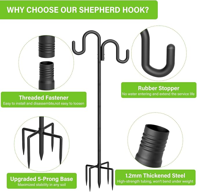 Double Shepherd Hook for Outdoor, 92" Heavy Duty Bird Feeder Pole with 5-Prong Base, Adjustable Thickened Shepherd Hook for Bird Feeder, Flower Baskets, Solar Lights, Lanterns, Black, 2 Pack