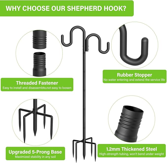 Double Shepherd Hook for Outdoor, 92" Heavy Duty Bird Feeder Pole with 5-Prong Base, Adjustable Thickened Shepherd Hook for Bird Feeder, Flower Baskets, Solar Lights, Lanterns, Black, 1 Pack