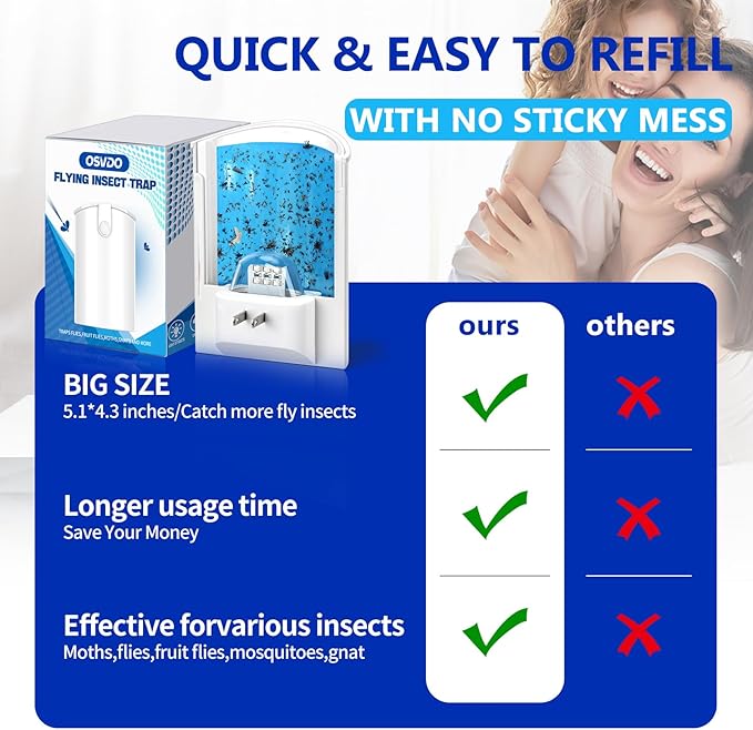 OSVDO 2-Pack Indoor Flying Insect Traps with 8 Refills, UV Light Bug Catcher for Flies, Gnats, Moths, 30-Day Sticky Pads, Silent Fly Catcher for Home