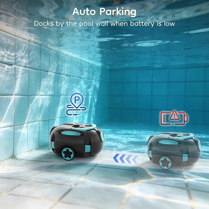 Robotic Pool Cleaner, Powerful Robotic Cleaner with Dual Suction Inlets, Cordless Automatic Pool Cleaner for In-Ground & Above Ground Pools, 130-Min Runtime, Lightweight Design with Auto Park Feature